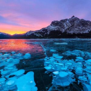 Explore the frozen wonders of Banff! See Abraham Lake's mesmerizing ice bubbles